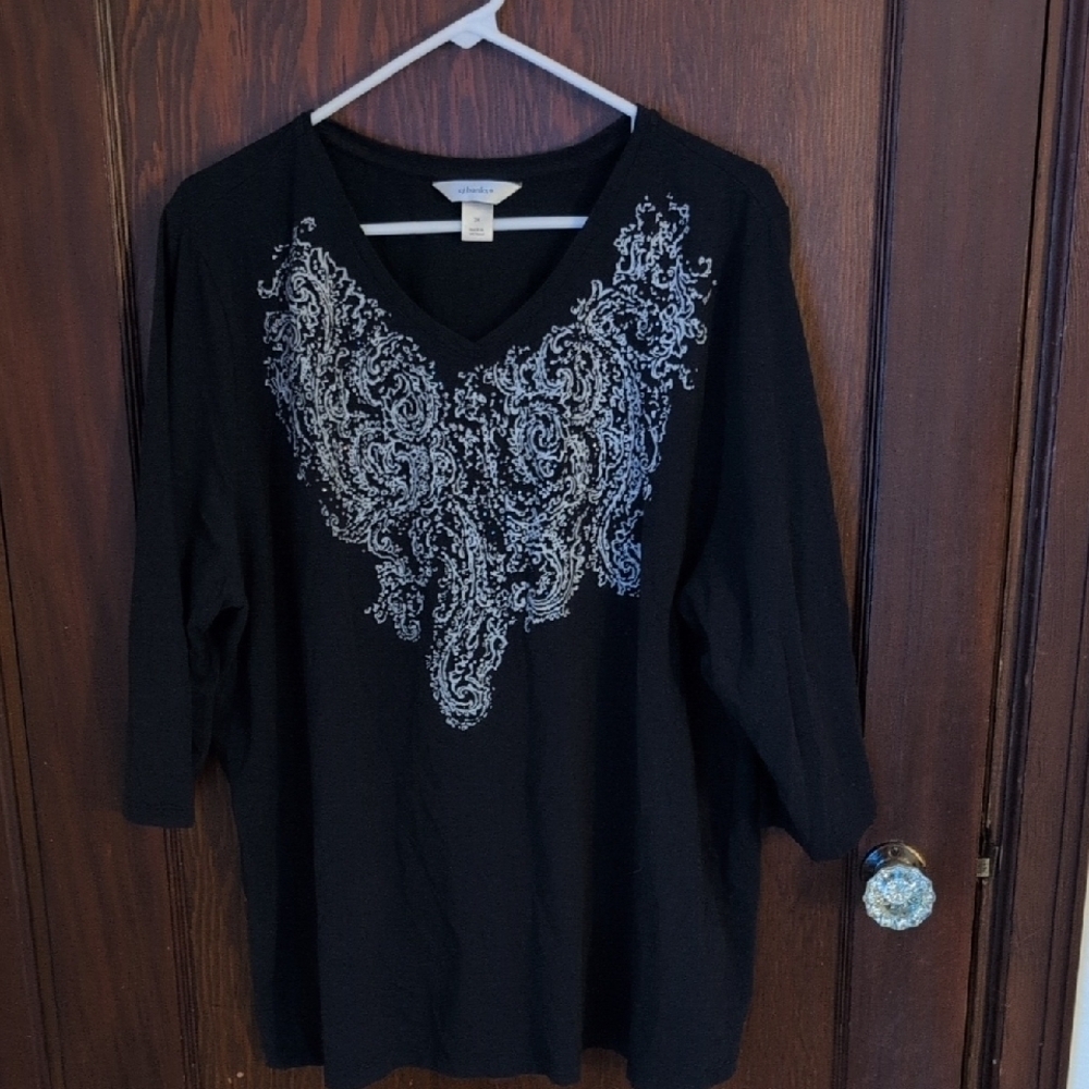 CJ Banks Dari Navy Blue & White V Neck 3/4 Sleeve Blouse Size 2X